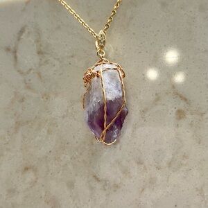 Natural Brazilian Amethyst Crystal
 Gold Wire Wrapped necklace P35